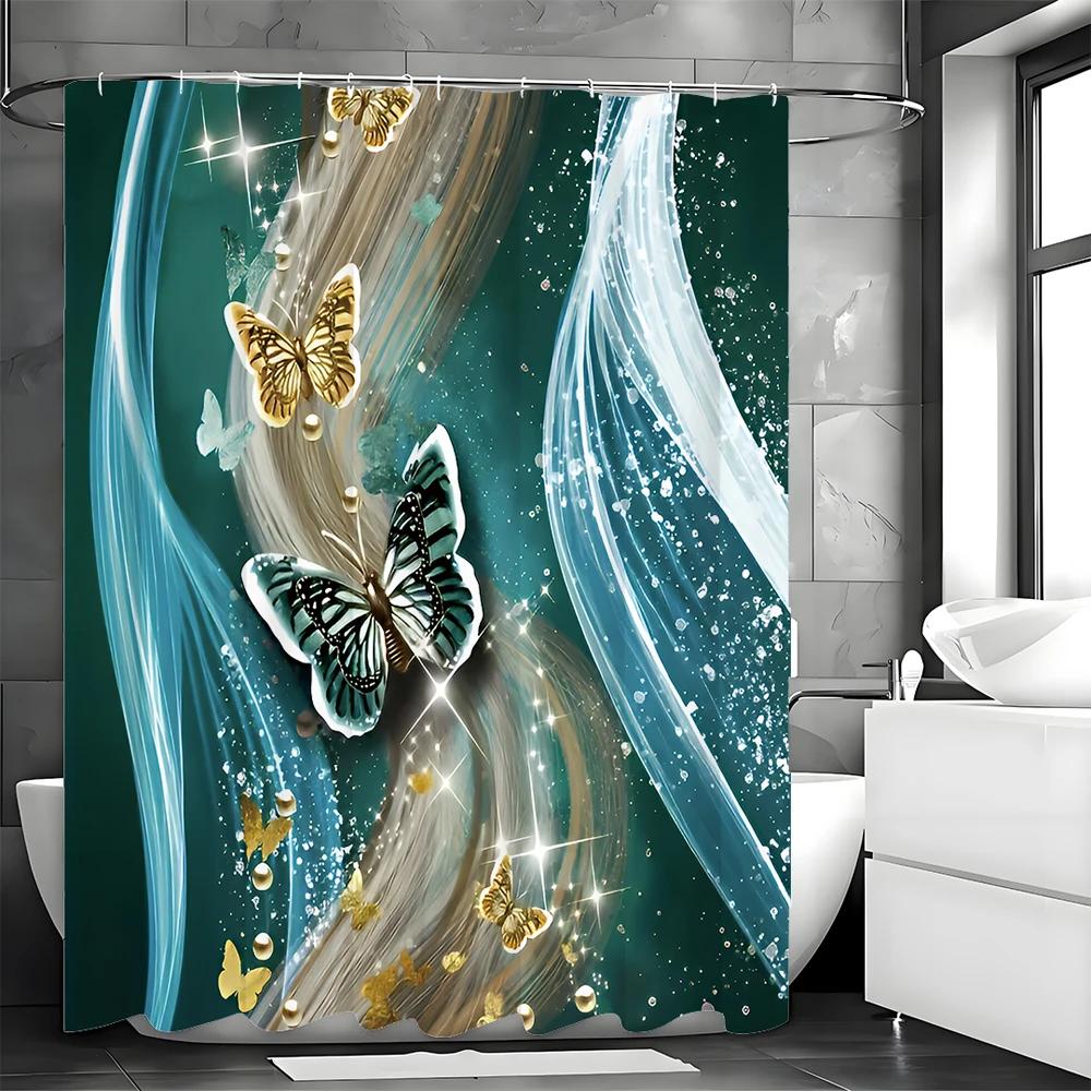 Shower Curtain with Blue Butterflies and Gold Butterflies, Water Surge, White Gauze Shower Curtain with Hooks, Waterproof Shower