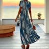 Women Plus Size V Neck Short Sleeve Maxi Dress Turquoise Vertical Leopard Print Loose Summer Vacation Long Dress