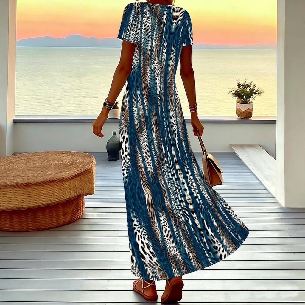 Women Plus Size V Neck Short Sleeve Maxi Dress Turquoise Vertical Leopard Print Loose Summer Vacation Long Dress