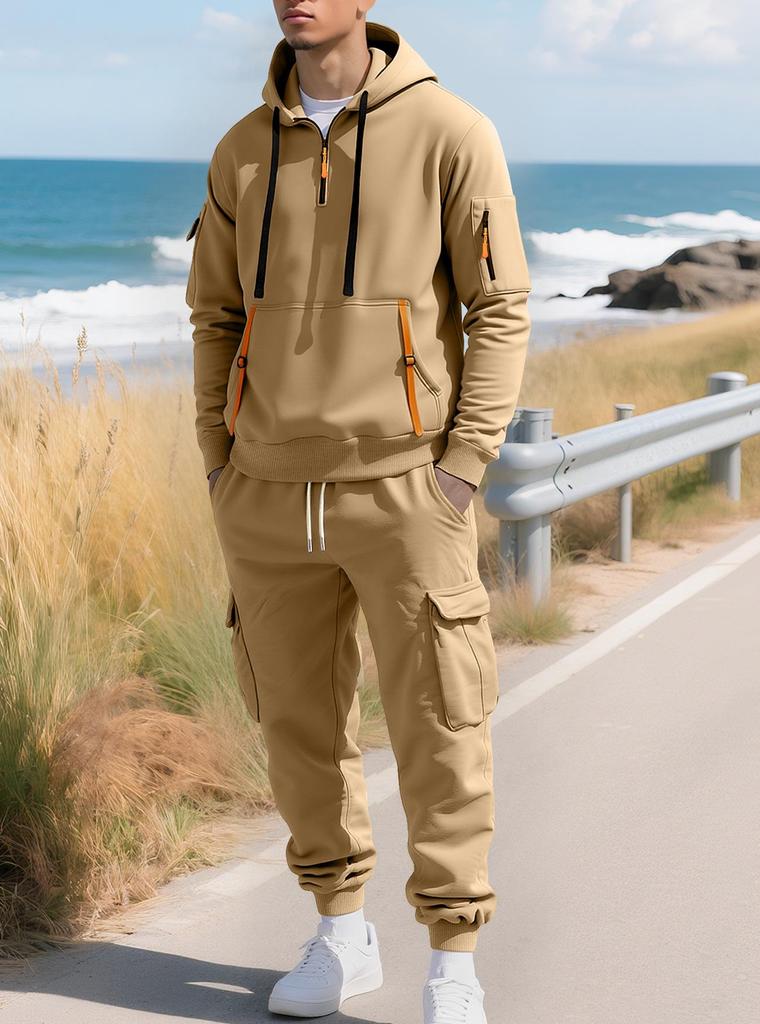 2025 European Autumn/Winter Men's Sportswear: Ribbon Hoodie & Multi-pocket Workwear Pants Set