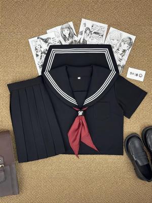 Japanese Academy-Style Black JK Uniform Set - Authentic 3-Piece Pleated Sailor Skirt Outfit