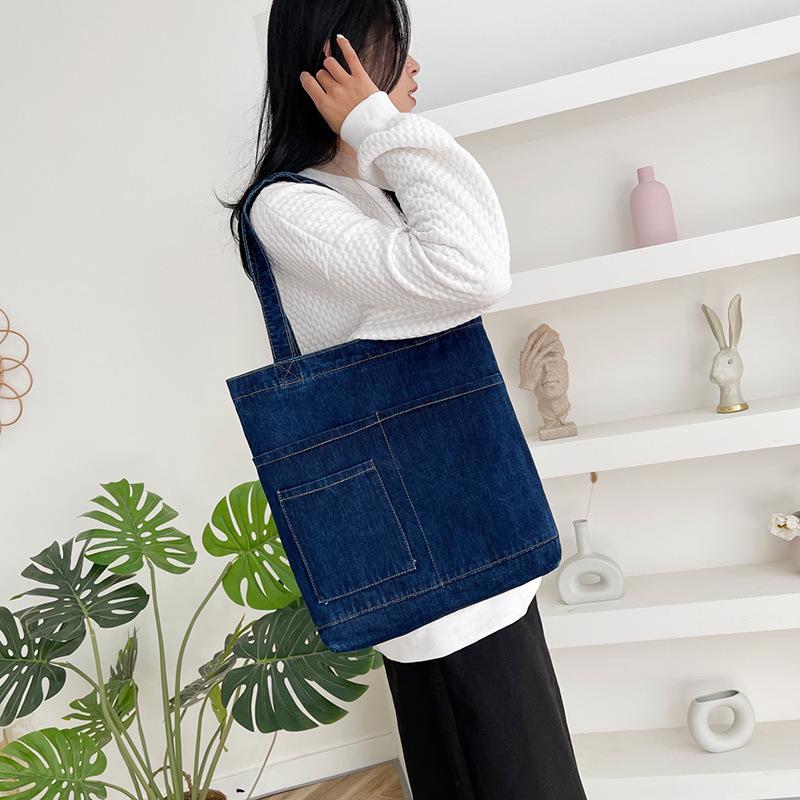 Denim Canvas Tote Bag for Women Casual Korean Style Shoulder Bag with Pockets Durable Hand Washable Daily Commute Accessory