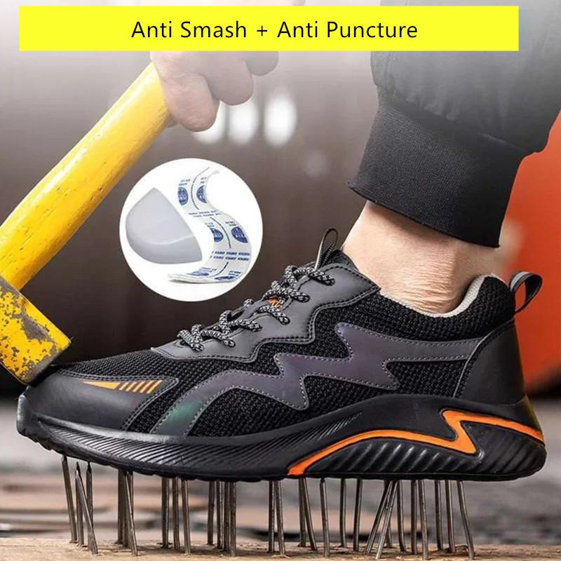 Summer Work Shoes with Plastic Toe Industrial Construction Site Safety Shoes for Men High Visibility Reflective Safety Sneakers