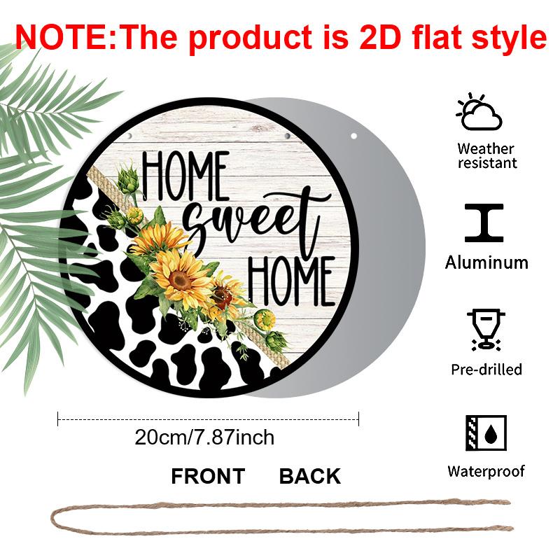 2D Flat, 1pc Round Aluminum "Home Sweet Home" Metal Sign, Rustic Cow Print & Sunflower Farmhouse Wall Plaque, Waterproof & Rustproof, Perfect for