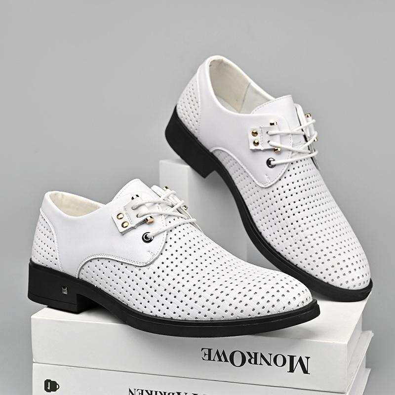 White leather shoes 2025 new men's business casual men's shoes breathable hollow leather shoes