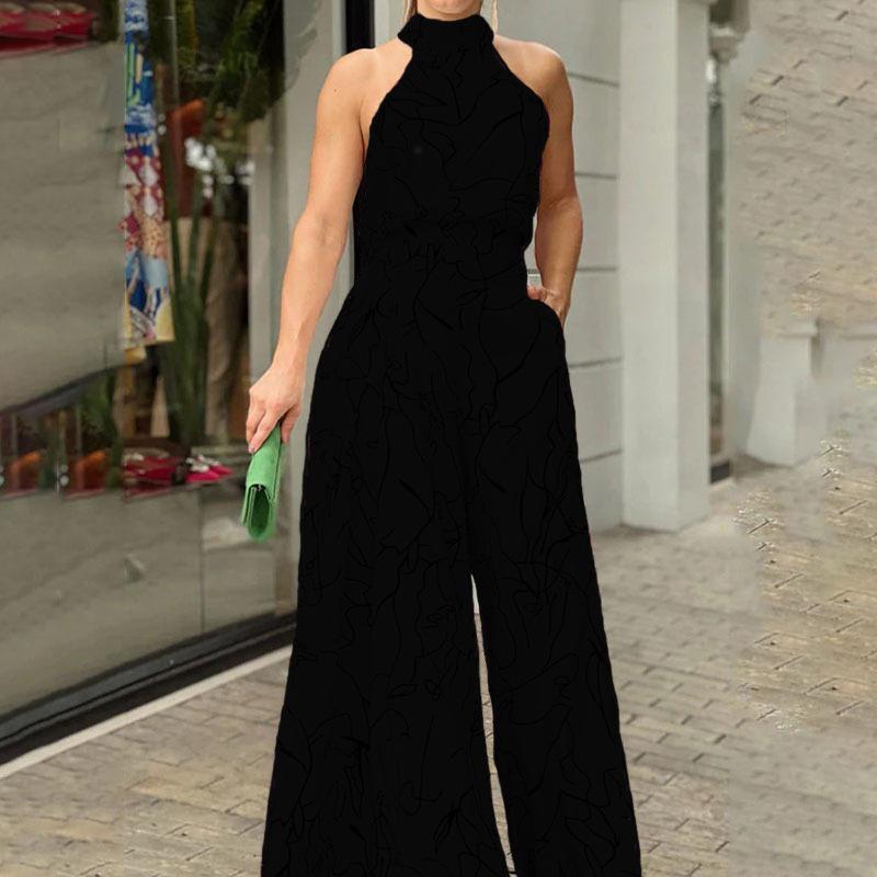 Women's Sleeveless Crew Neck Slimming Print Jumpsuit with Lace-up