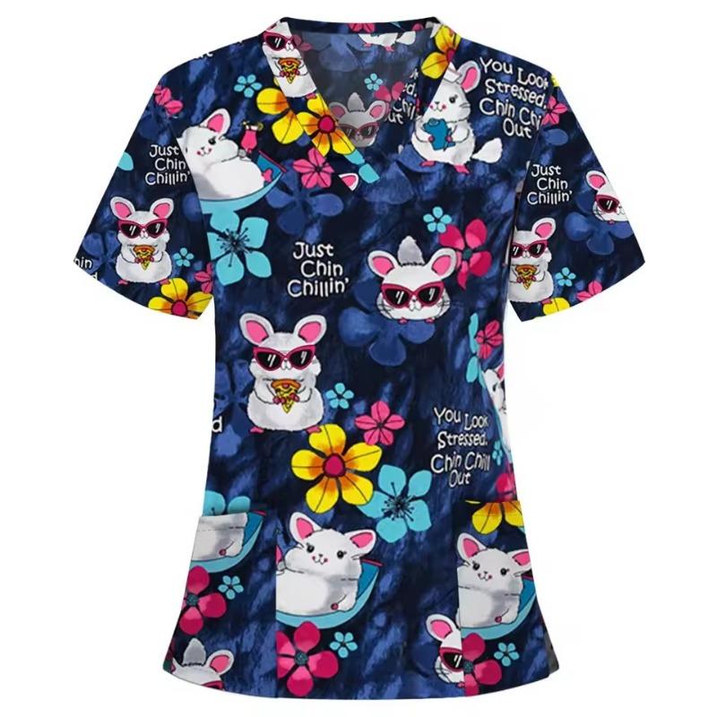 

Women Working Uniform Animal Print Cartoon Cat Dog Short Sleeve V-neck Tops Femme Blouse Nurse Work Wear Medical Uniforms L