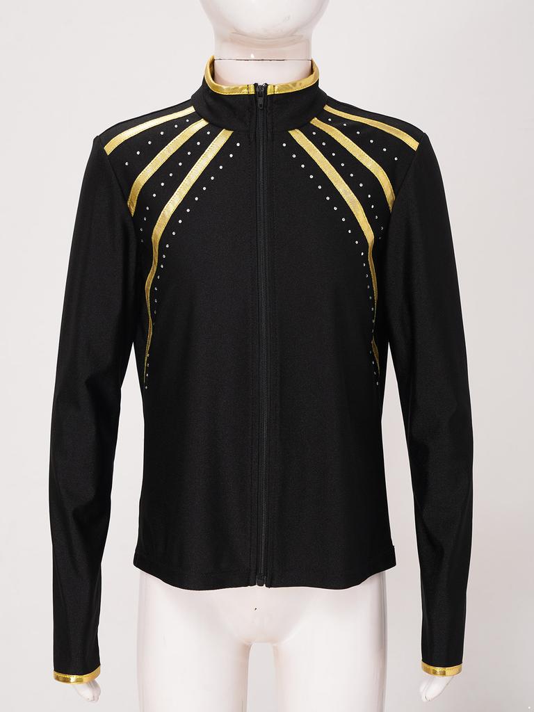 Sweat à capuche enfant scintillant avec strass et rayures métalliques, fermeture éclair, col montant, manches longues pour le patinage artistique, la gymnastique, l'entraînement