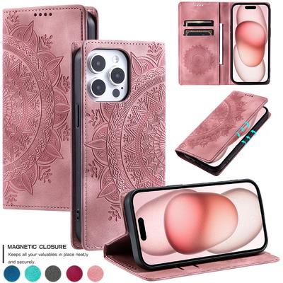 Tłoczony portfel z klapką Mandala PU Skórzany pokrowiec na iPhone 15 14 Plus 13 12 11 ProMax do Samsung S24 S23 S22 S21 S20 Ultra Plus Note20Ultra A15 A05 A14
