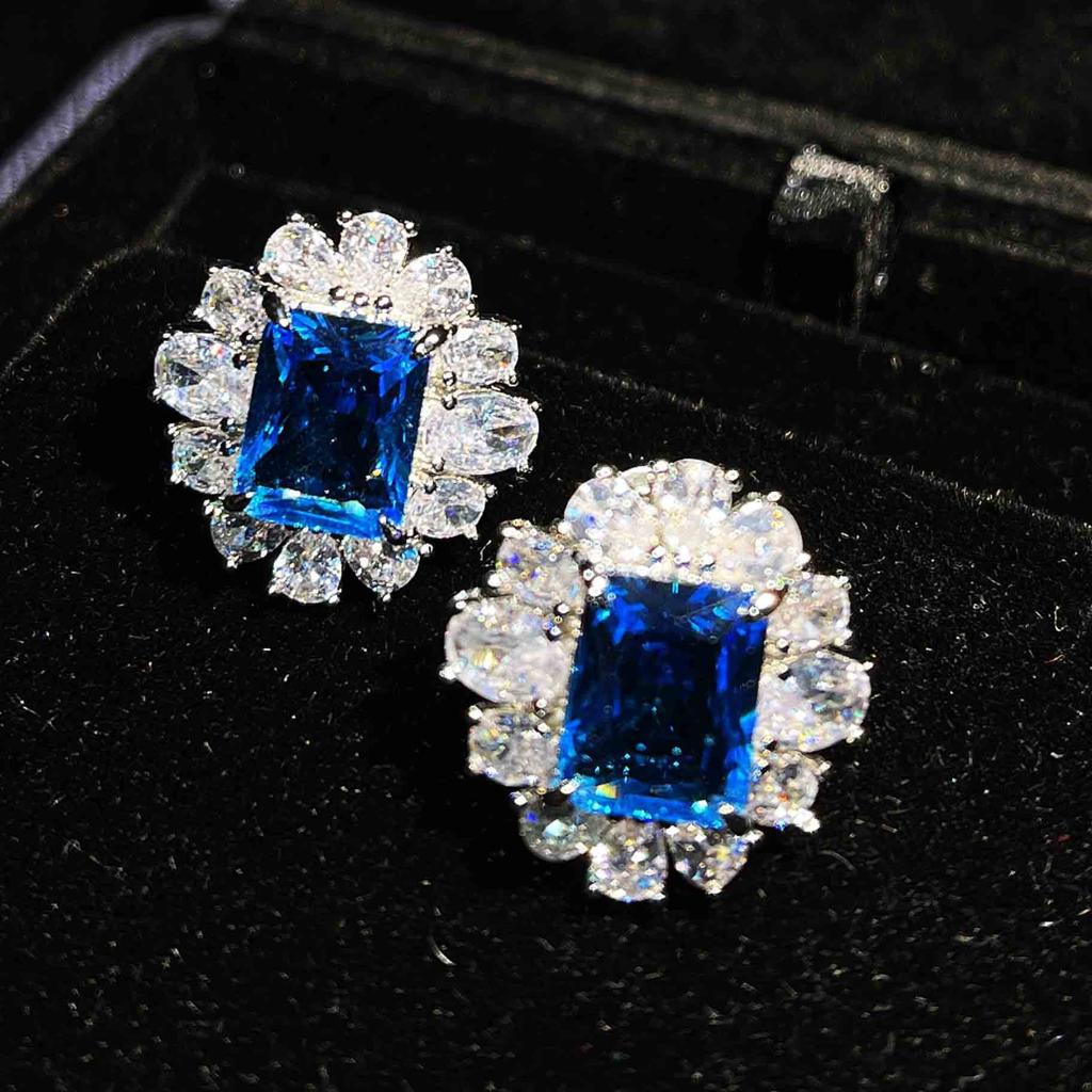 Color Treasure Set, Ascher Yellow Diamond Topa Blue Argyle Pink Square Diamond Ring Stud Earrings Pendant Female