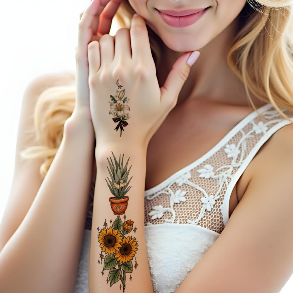 28pcs Temporary Tattoo Temporary Tattoo Stickers Potted Ferns Sunflower Vase White Lilies For Arms Women Chest
