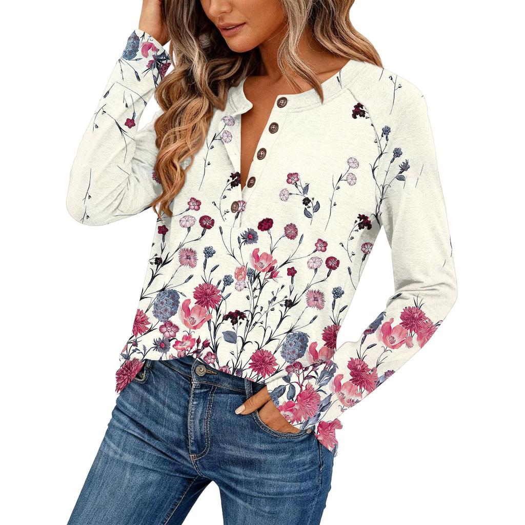 Women's Fashionable Vintage Floral Print Round Neck Long-sleeved Top
