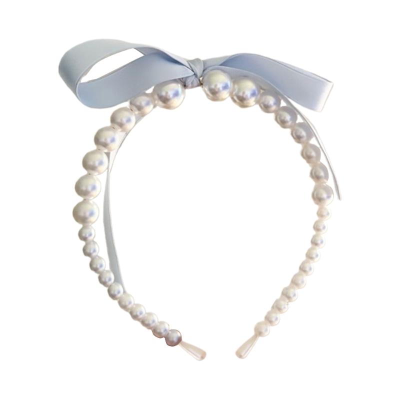 

Bowknot Headband for Woman with White Pearls Decors Delicate Headbands Banquets Headbands Sweet Hairbands Yoga Supply 1