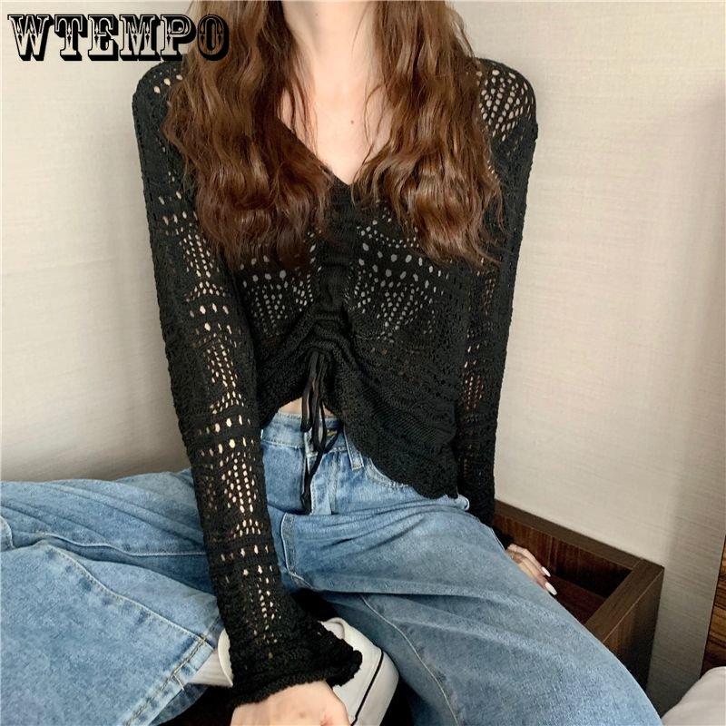 Topuri tricotate pentru femei în stil coreean, primăvară, vară, cu decolteu în V, cu șnur, plisate, scurte, de culoarea bomboanelor