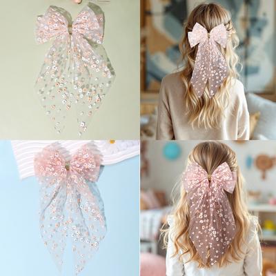 Fermaglio per capelli con fiocco grande in tulle, coda lunga, stampa floreale rosa, elegante, tessuto trasparente, forcina per donna/ragazza, accessori rustici, copricapo