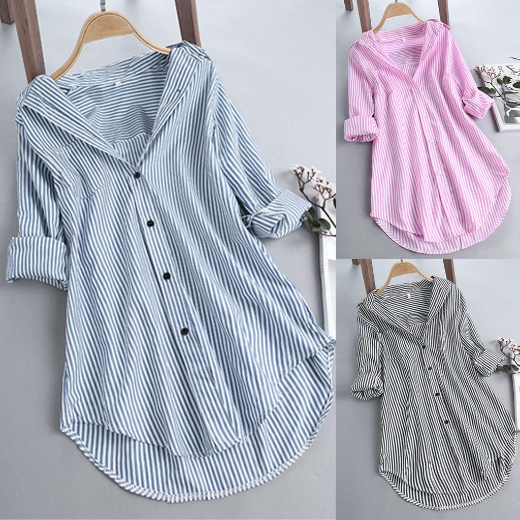 Women's Striped Shirt with Long Sleeves and Turn Down Collar with Buttons Loose Top Shirt Blouse