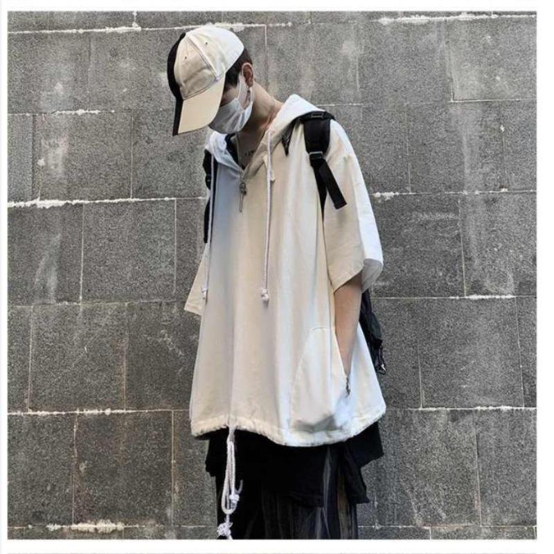 Camiseta de manga corta de verano para hombre, suéter con capucha de media manga, sudadera con capucha sólida para estudiantes para hombre