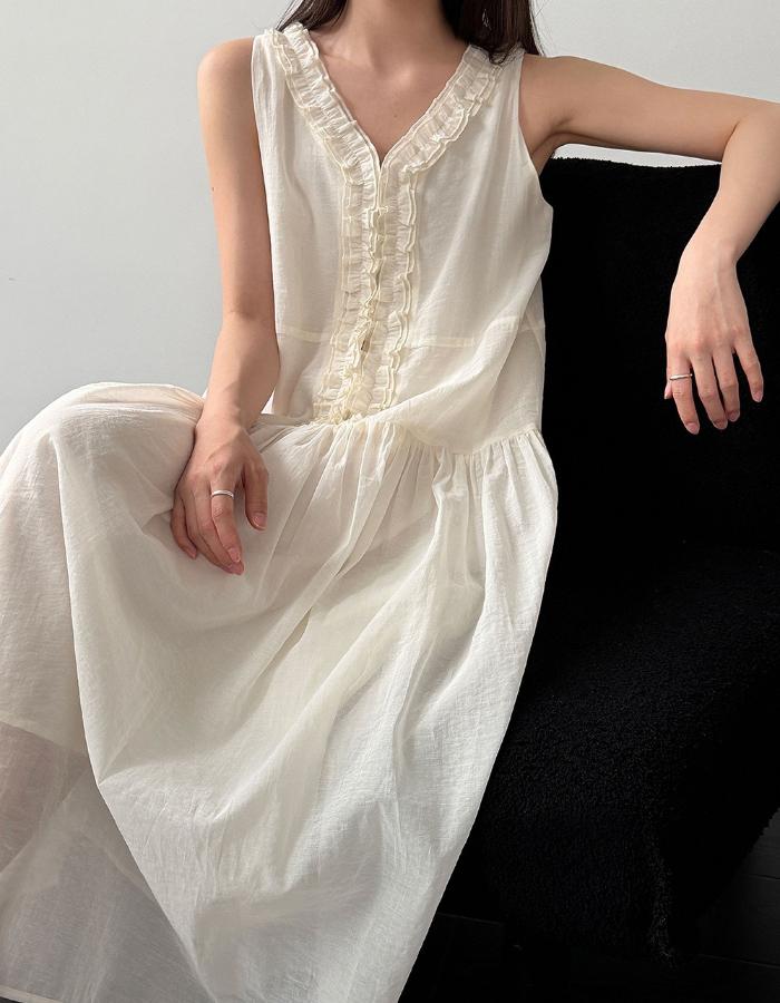 Johnature French Clear Fungus Edge A-line Korean Casual Loose Dresses Women Summer Sweet V-neck Sleeveless Dress