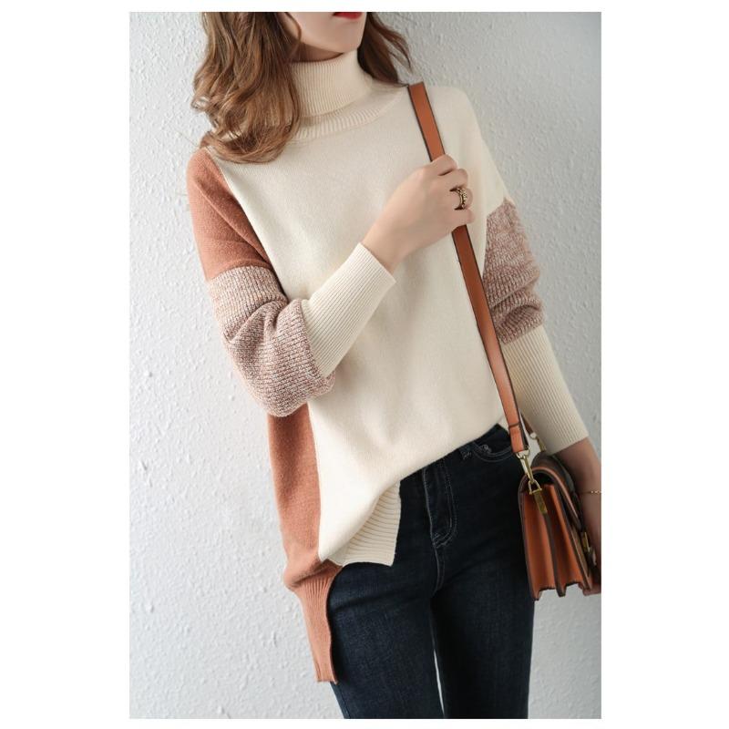 Autumn Winter High Collar Loose Casual Patchwork Knitting Pullover Top Women All-match Bottomed Sweater
