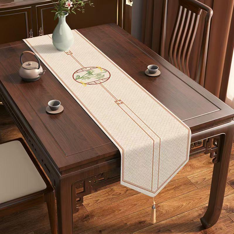 Chinese Style Table Flag Waterproof Oil Resistant Tassel Table Runner Tea House Tea Towels Zen Tea Table Cloth Hotel Bed Flag