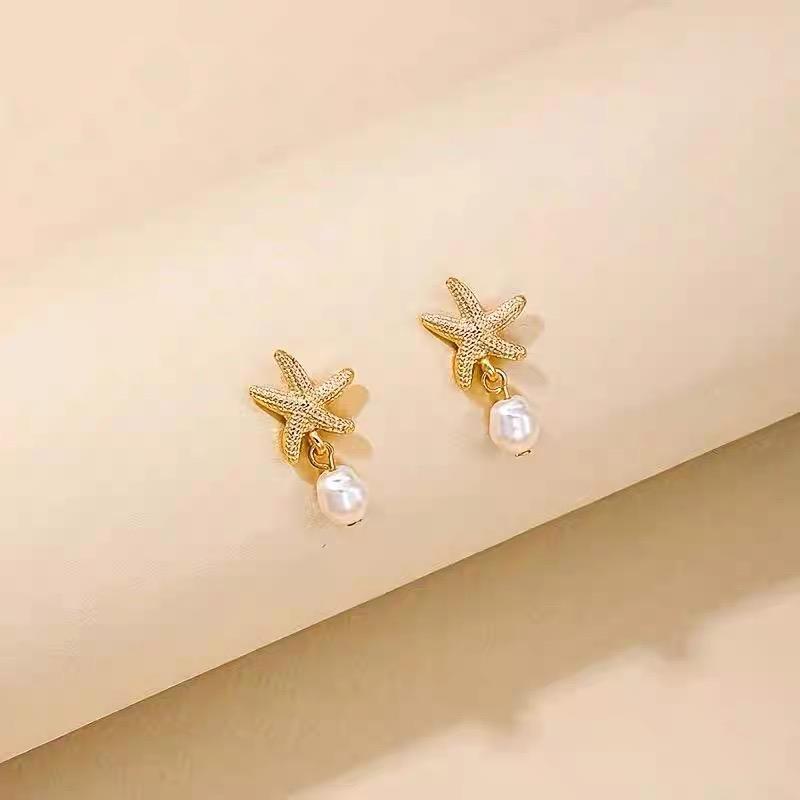 Bohemia Star Fish Earrings Drop Pearl Blue Rhinestones Dangle Earrings For Women Starfish Jewelry Summer Holiday Beach Gifts