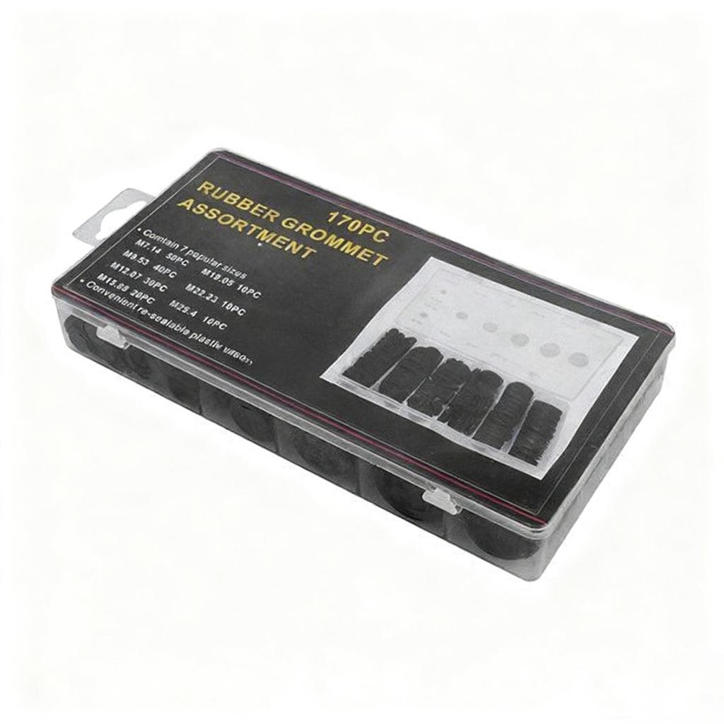 170 darabos fekete gumigyűrű készlet vezetékvédelemhez
