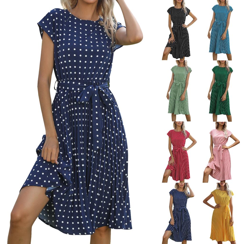 Women's Spring Fashion Pleated Print Mid-length Dress Short Sleeve Round Neck Polka Dot Pleated Dress