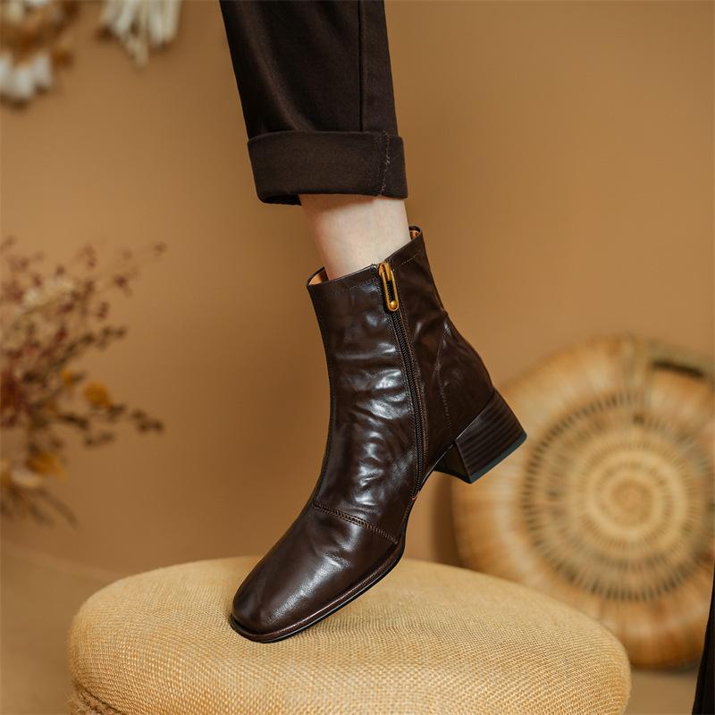 So Soft~! Ins Brown Round Head Thick Heel Martin Boots Ankle Boots Short Boots