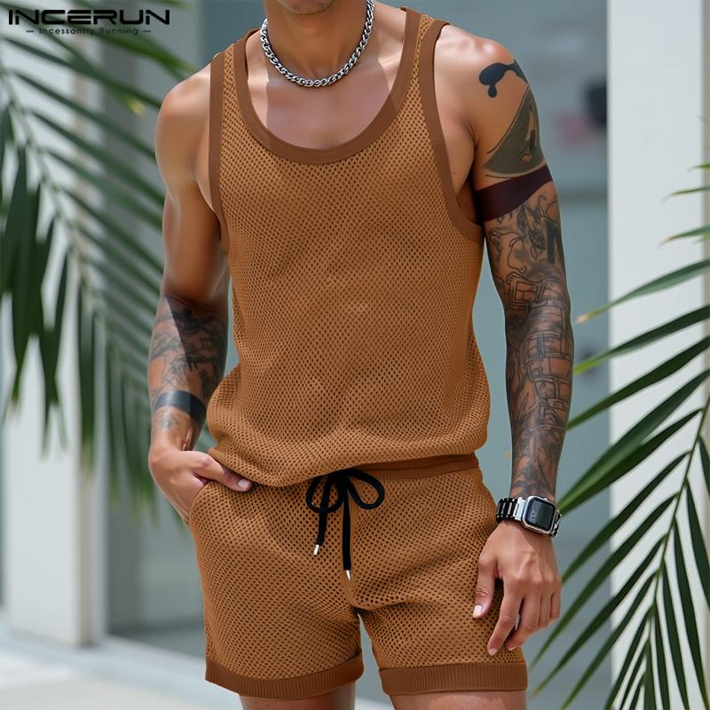 INCERUN 2PCS Summer Men Hollow Sleeveless Tank Tops and Shorts Beach Outfits Sets
