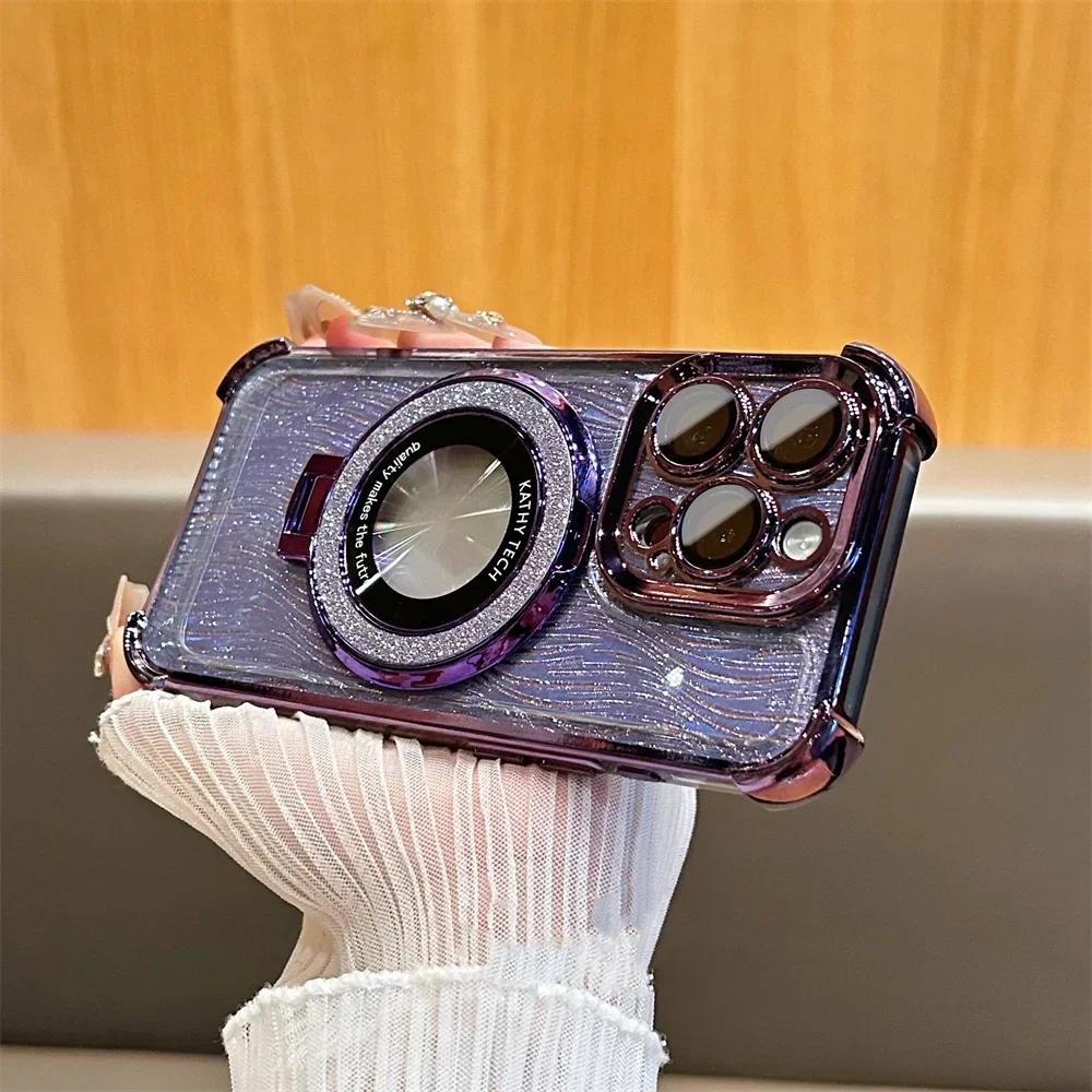 

Glitter Water Ripple Magsafe Logo Hole Case For iPhone 14 15 Pro Max 13 Pro Folding Holder Cover For iPhone 16 Plus Hard Shell For iPhone 15 Pro