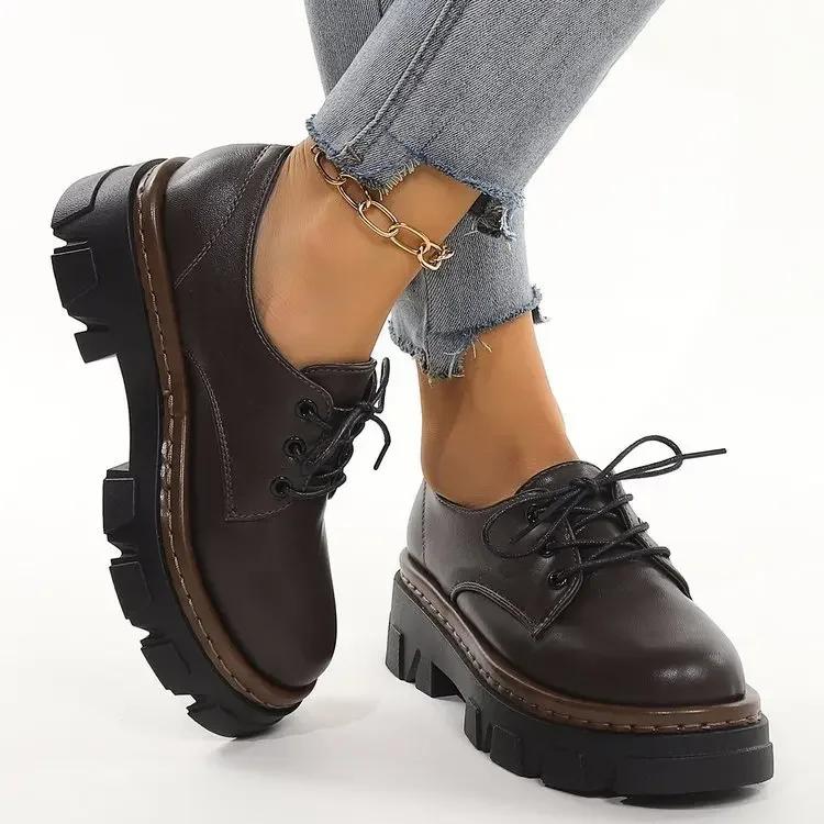 Fashion 2024 New British Style Thick Bottom Winter Warm Girl's Shoes Women's Autumn and Winter Black Leather Shoes Oversized Shoes