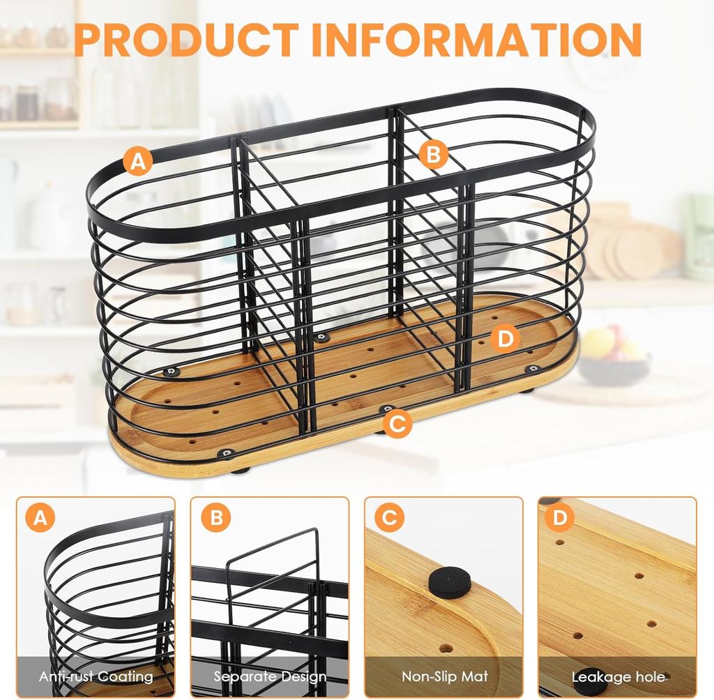 Utensil Holder for Kitchen Counter- Large Utensils Holder Farmhouse Cooking with Wooden Base Matte Black Cooking Utensil Holder