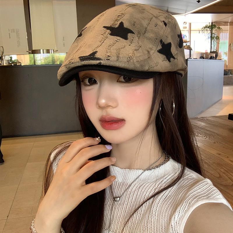 Korean Style Women's Versatile Distressed Star Newsboy Cap, Reversible Trendy Beret for Large Head Circumference