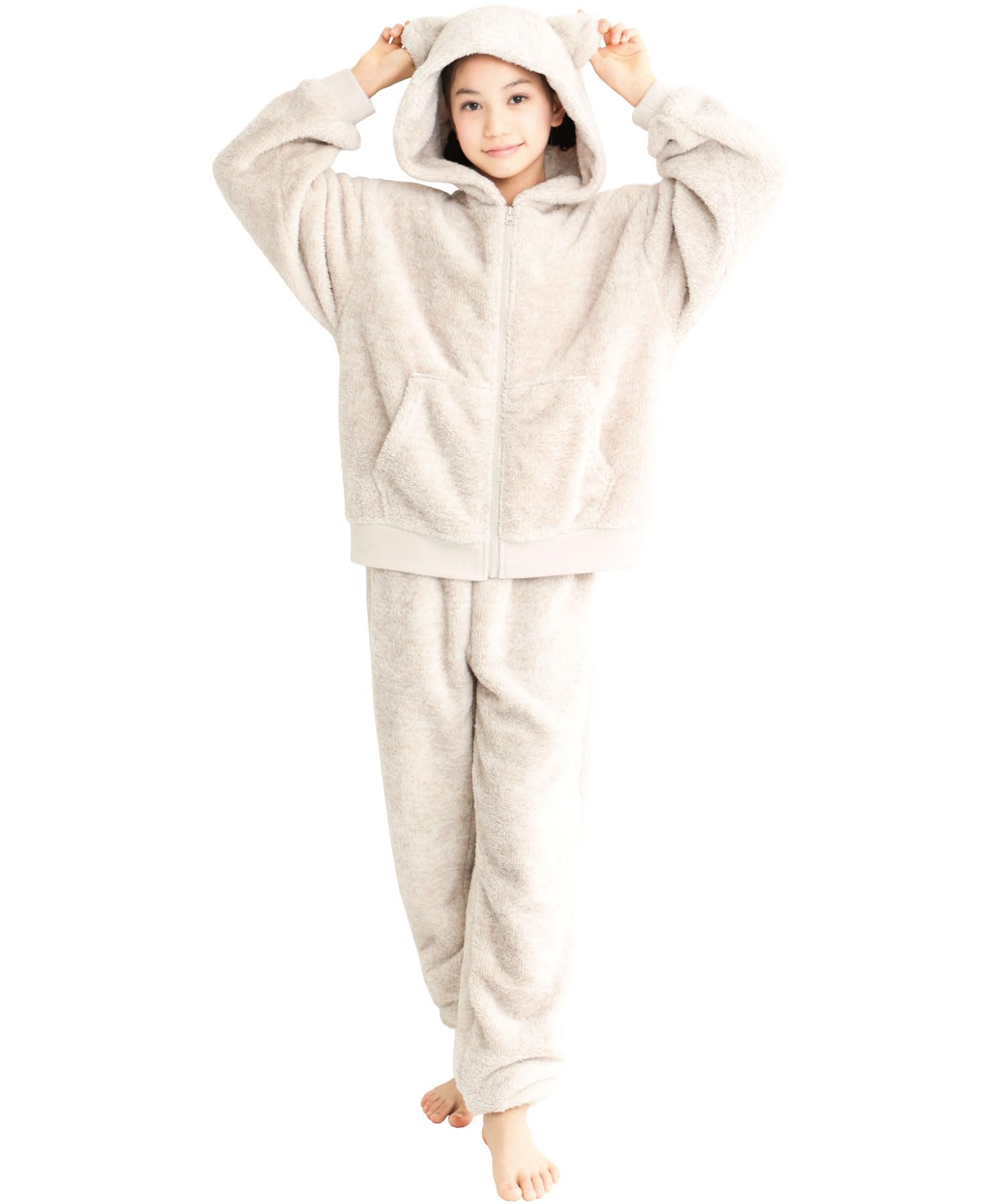 

ON NISHIKI Long Sleeve Winter Fluffy and Featuring Cat Ears and Melange Hooded Top and and Loungewear Women s Pajamas, Warm, Boa, Open-Front, Pants,