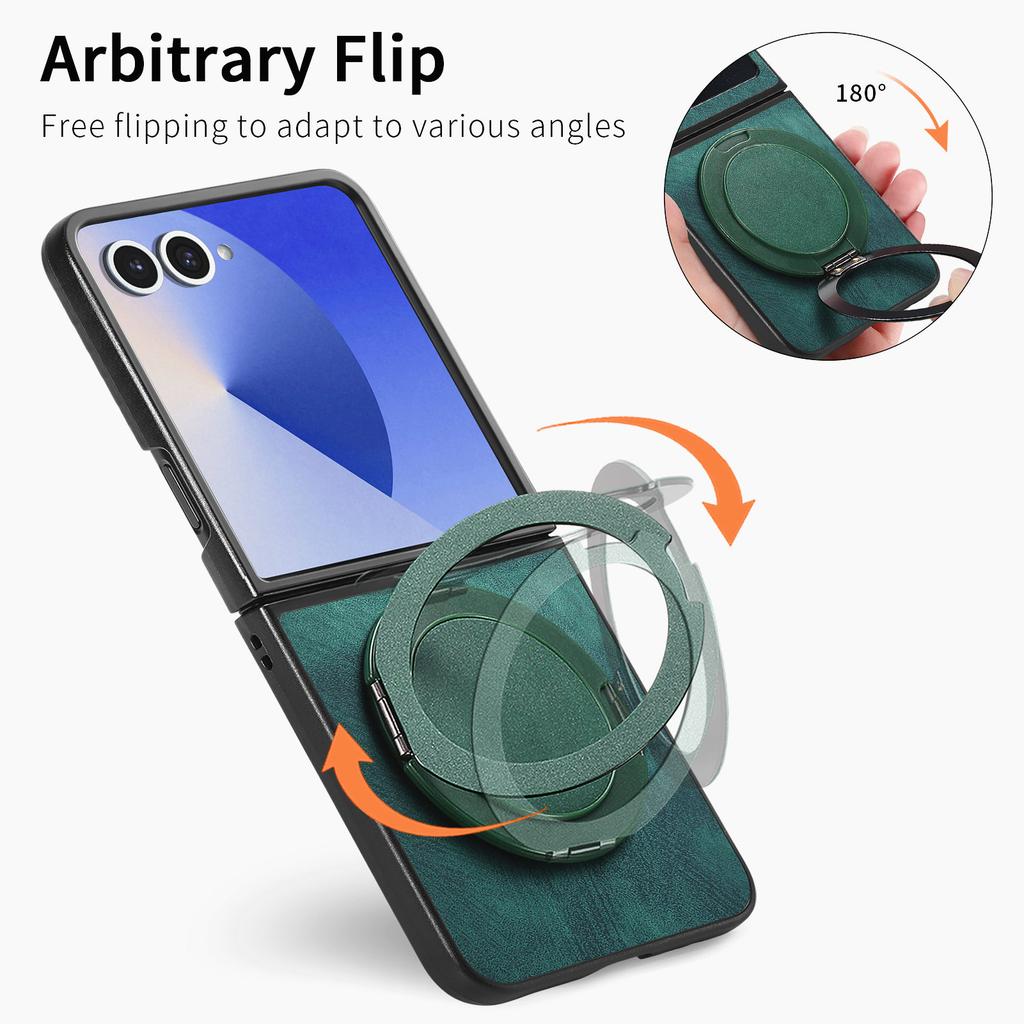For Samsung Galaxy Z Flip7 5G Phone Case with Rotating Kickstand Stress Relief Retro Leather Back Cover