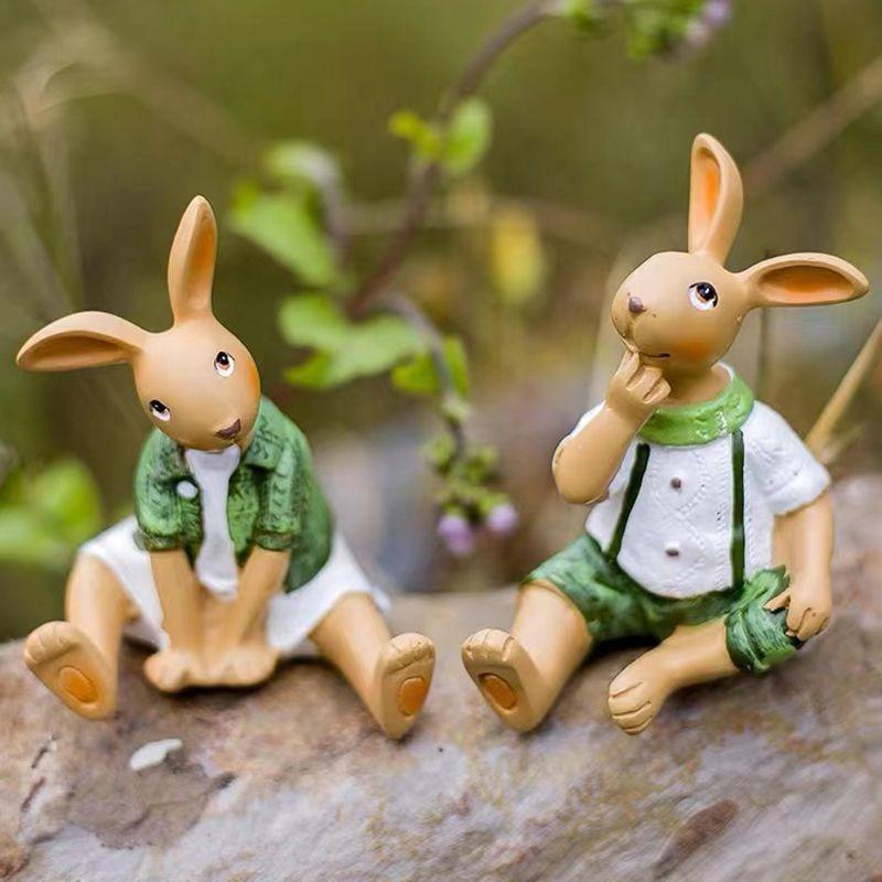 Rural Style Creative Cartoon Resin Handicraft Rabbit Figurine for Tabletop Decoration, Home and Garden Decor Item