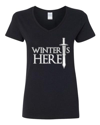 V-Neck Ladies Winter Is Here Sword TV Parody Funny DT T-Shirt Tee Unisex T-Shirt M