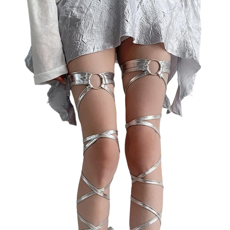 

Metallic Shines Adjustable Leg Wraps For Women With O Rings Crosses Design Elastic Thigh High Garter Belt серебряный