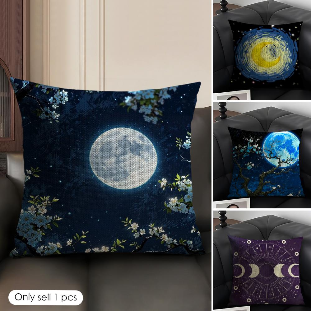 Magic Psychedelic Moon Cushion Cover Natural Linen Organic Fabric DoubleSided Printing Sofa Home Decor Gift Pillow Case