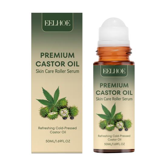50ML Castor Oil with Rose Quartz Roller, Cold-Pressed Organic Roll-on Castor Oil, Skin Care Essential Oil for Body Hair Nourishing, Soothing Skin 50ML