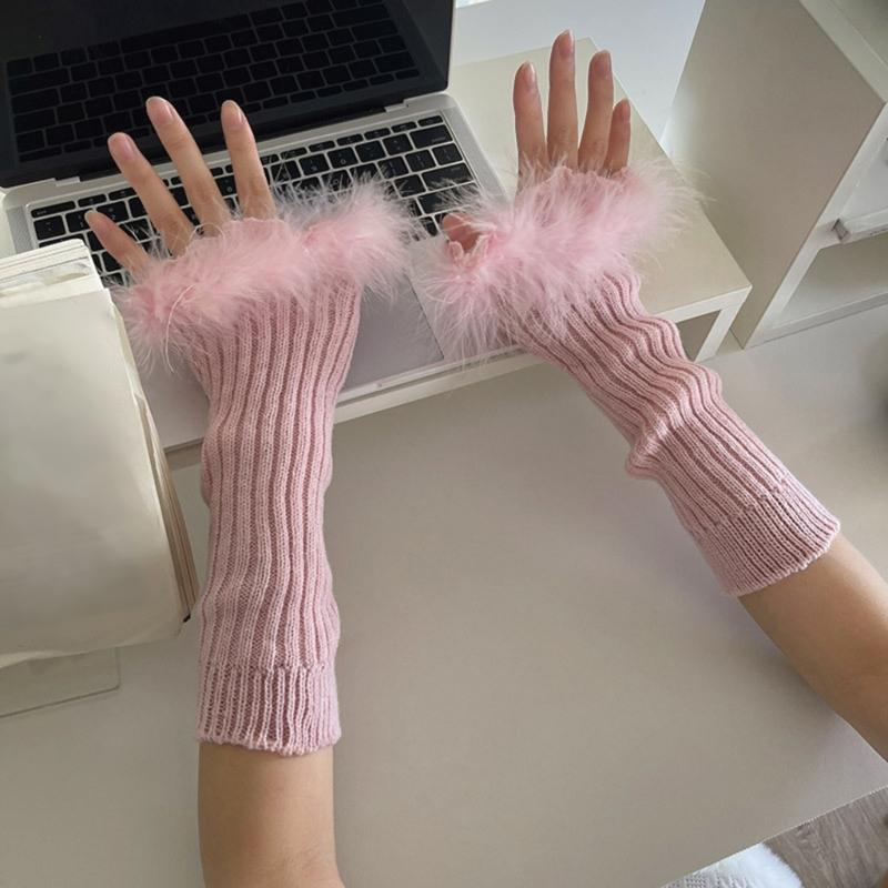Punk Subculture Gloves Sleeves for Halloween Party Feathered Fingerless Gloves