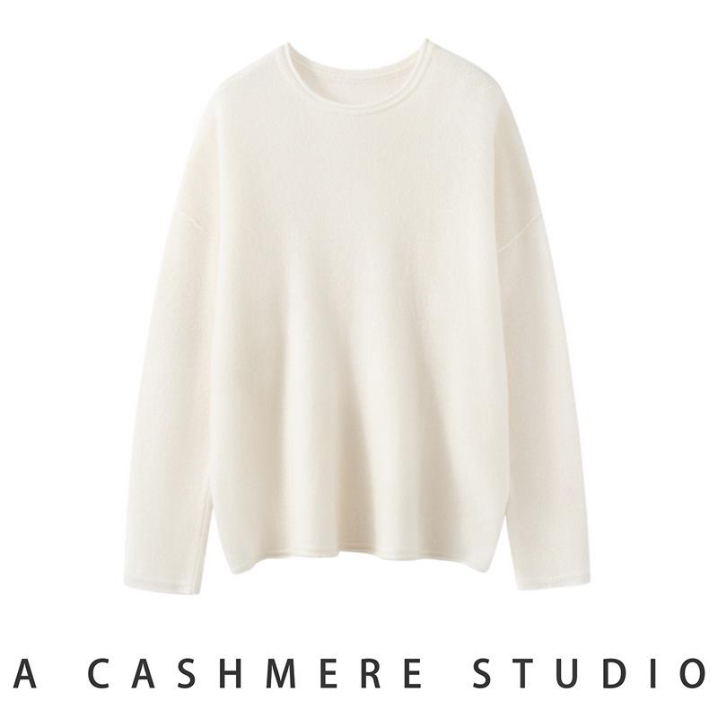 Rolled-Edge Round Neck Cashmere Sweater - Autumn 2026 Women's Knit Base Layer, Versatile Loose Slimming Pullover
