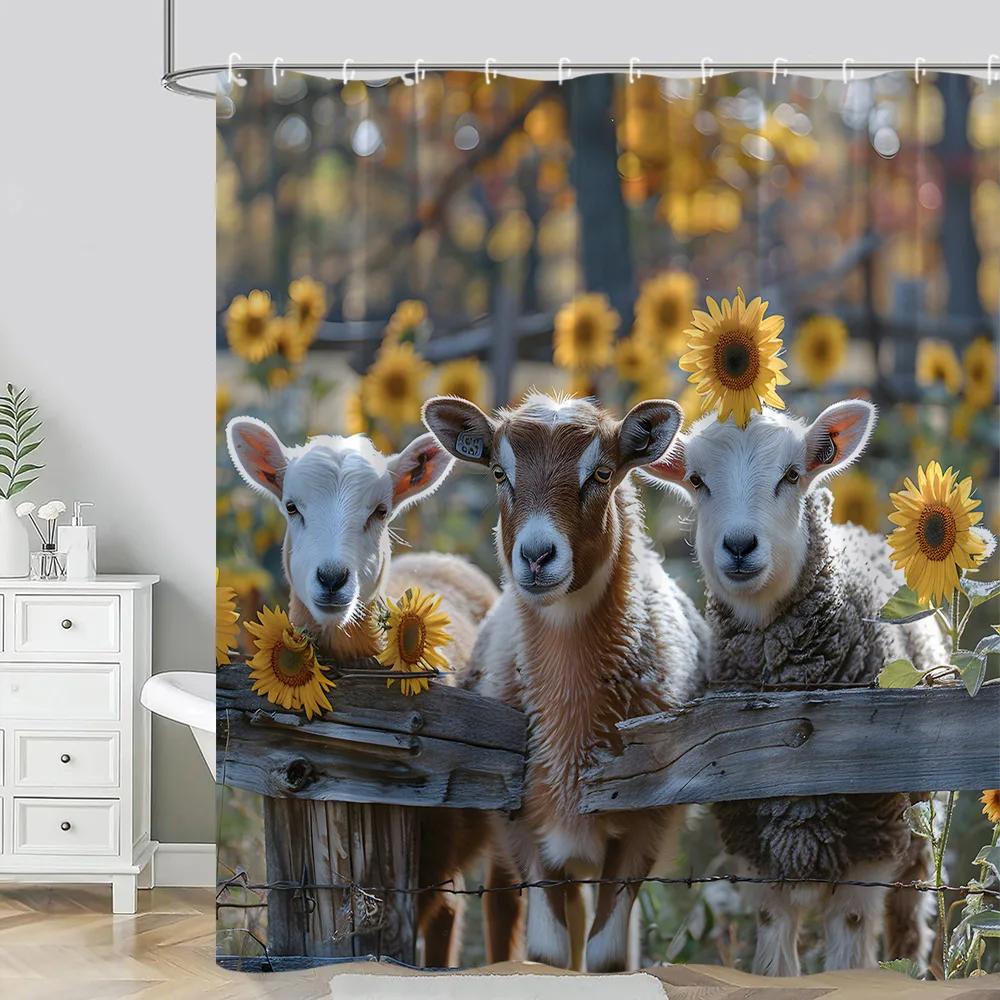 Farm Animals Shower Curtain Funny Pig Sheep Donkey Shower Cartoon Rustic Barn Polyester Fabric Bathroom Decor Curtain Washable