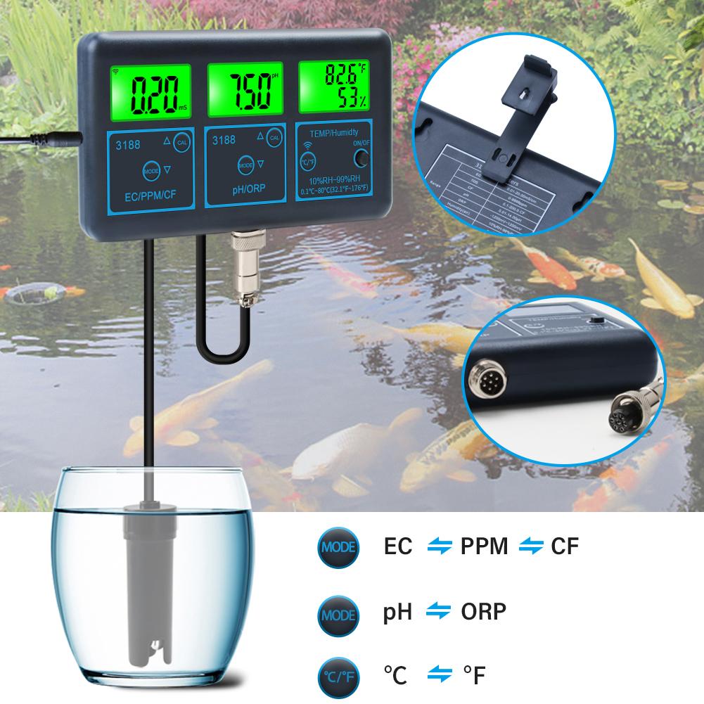 WiFi 7 in 1 Water Quality Test Gauge PH ORP EC PPM CFR Humidity Temperature Water Tester Backlight LCD Display for Swimming Pool