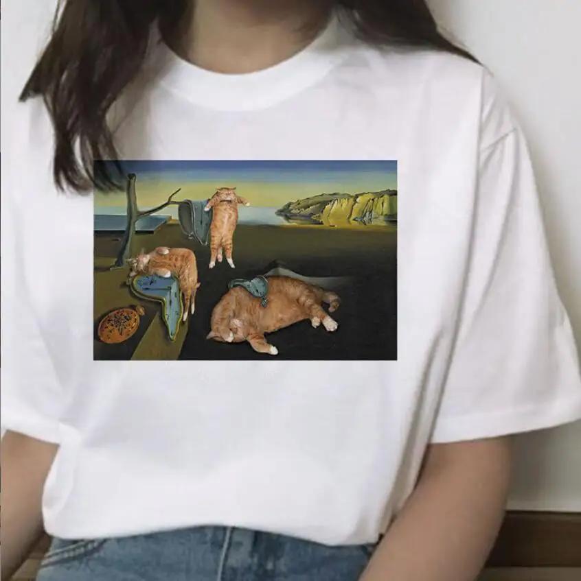 Oil Painting Cat Women's Fashion Personality Spoof Classic Oil Painting T-shirt Women Clothing Tops Harajuku Aesthetic Oversized