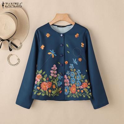 Women Round Neck Long Sleeve Loose Floral Print Blouse