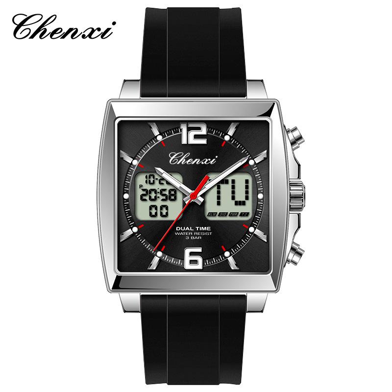 Multifunctional Men S Watch Calendar Waterproof Luminous Men S Watch Square Silicone Strap Dual Display Electronic Watch