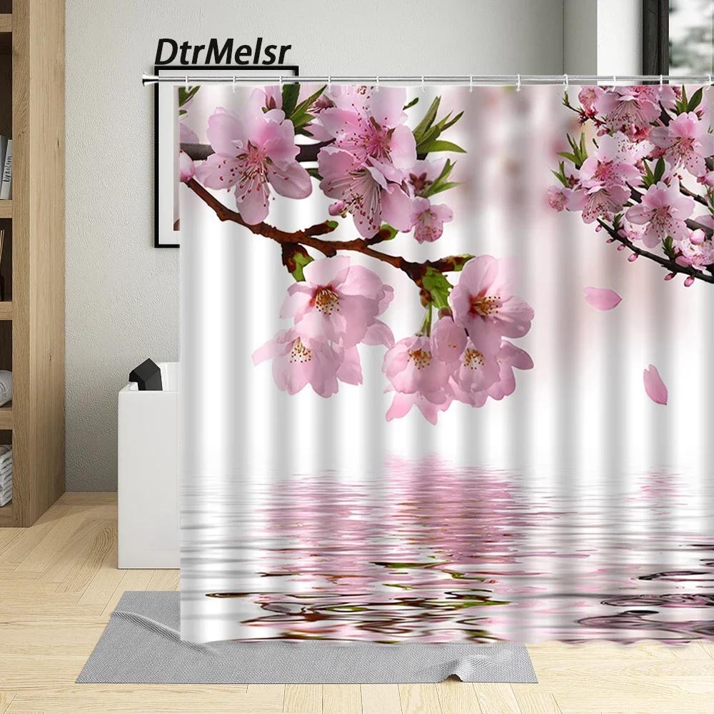 

Pink Flowers Shower Curtain Nature Cherry Blossom Floral Modern Simple Nordic Home Decor Bathroom Cloth Bath Curtains With Hooks W60H190(CM)-1 Pcs