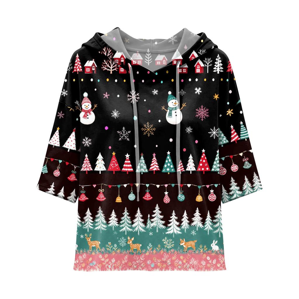 Women's Casual 3/4 Sleeve Hooded T-Shirt with Christmas Print