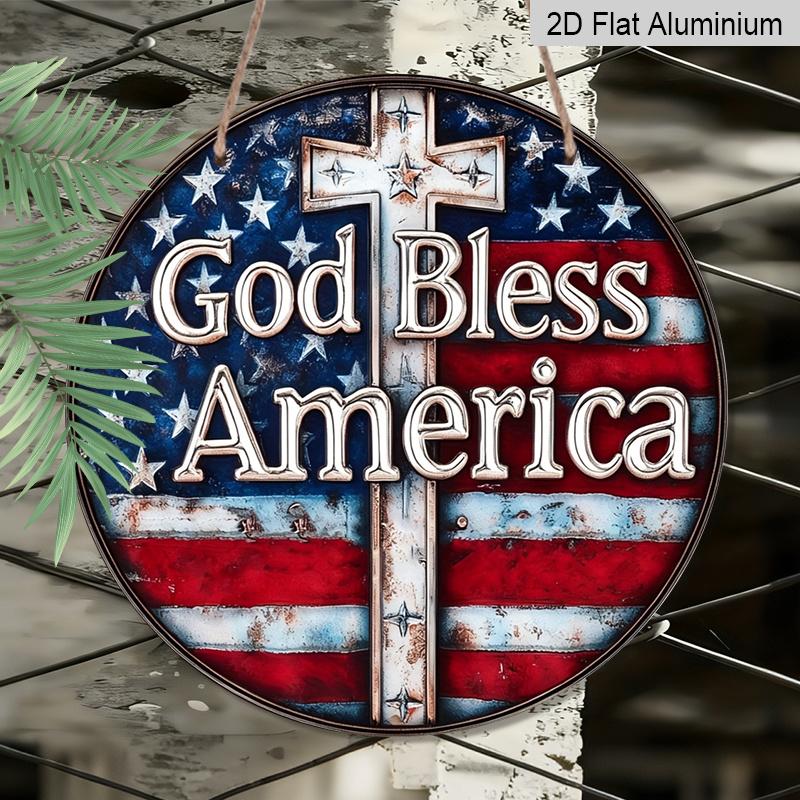 2D Flat, 1pc Vintage "God Bless America" Patriotic Metal Sign with US Flag & Cross Wall Decor, Ideal for Home, Office, for Man Cave, Veterans Day